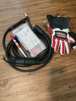 TIG welding gun with gas hose, TIG gloves, TIG consumables and tungsten’s.
