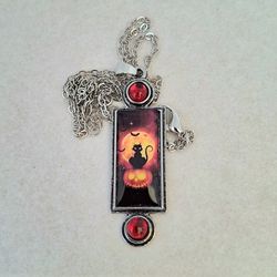 Black cat & pumpkin cabochon oblong silver necklace, red crystal accents w/BONUS