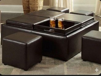 Storage Ottoman with 4 Trays, Dark Brown Faux Leather And 4 Cube Chairs