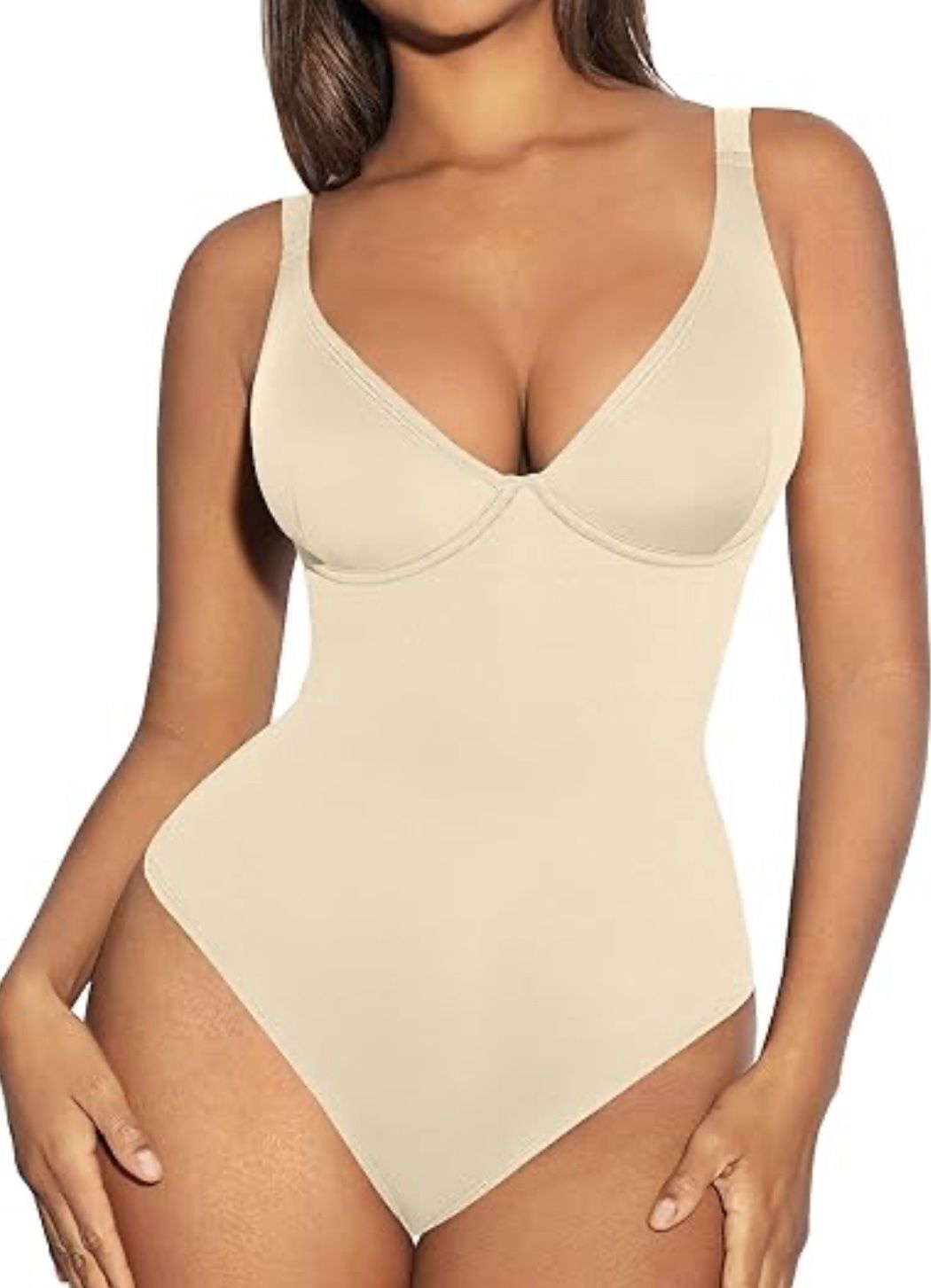 FeelinGirl Shapewear Bodysuits for Women Tummy Control Body Suits Deep V Neck Thong Body Shaper small