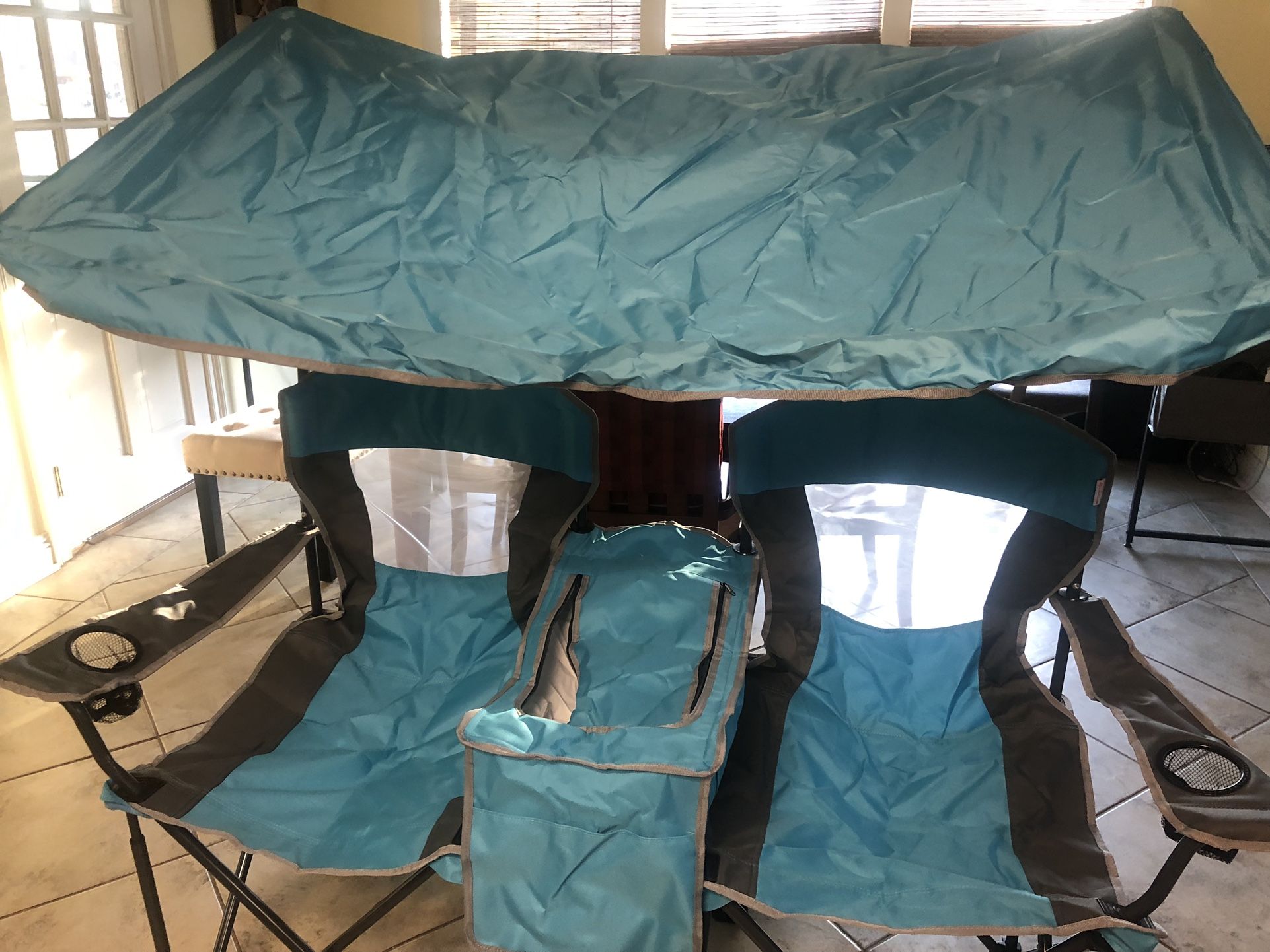 Double Portable Chair With Canopy And Cooler