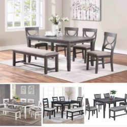 Dining table set with chairs and bench