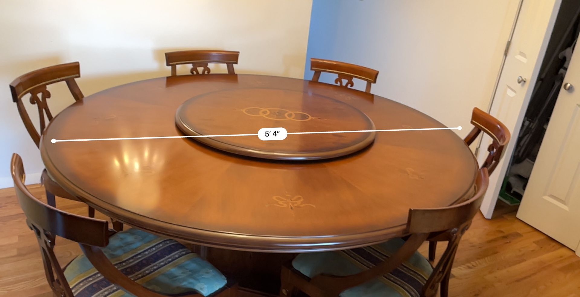 Big Round Dining Table + 6 Chairs And Lazy Suzan, Solid Wood for Sale