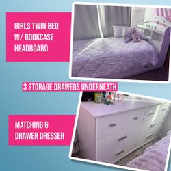 South Shore Tiara Twin Storage Bed + Bookcase Headboard + 6-Drawer Dresser – White 