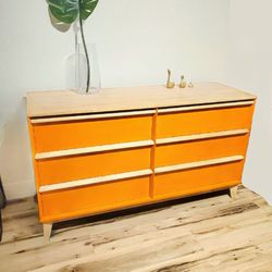 MCM Mid Century Modern Retro Orange and Natural Wood 6-Drawer Dresser