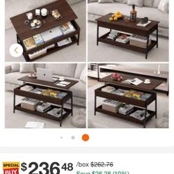 46 in. Brown Modern Minimalist Style Innovative Wooden Lift Top Coffee Table With Pop-up Lockers And Metal Frame