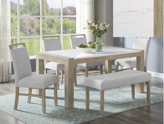 FAUX MARBLE DINING TABLE WITH CHAIRS AND BENCH