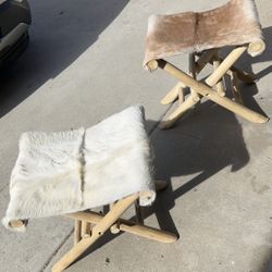 2 Folding Cowhide Leather Camp Stools