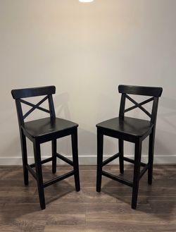 Set of 2 IKEA INGOLF Counter / Bar Stools with Backrest – Black-Br