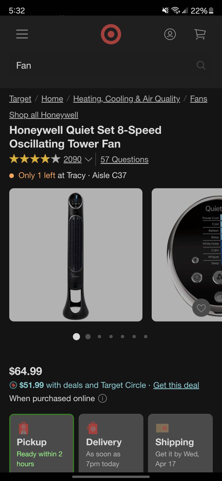 Honeywell Quiet Set 8-Speed Oscillating Tower Fan