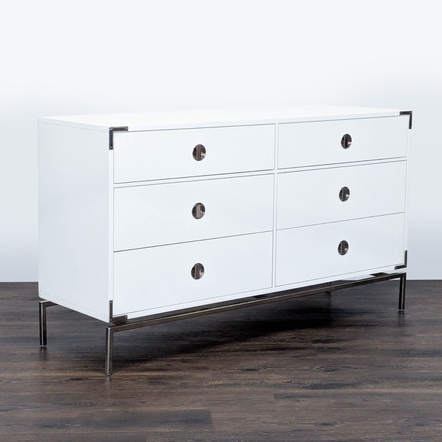West Elm Cream 6 Drawer Dresser with Nickle Pulls & Legs