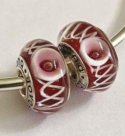 2 red good morning flower Murano charms 925 sterling silver core