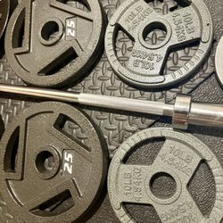 Full Set of Olympic Plates with Brand NEW 7 ft Steel Barbell with Cooper Bearings [ Plates from 45s to 2.5s] Brute: 287 #