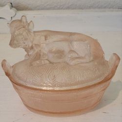  Vintage Light Pink Glass 2 Piece Cow On Lidded Candy Dish Vanity Box 