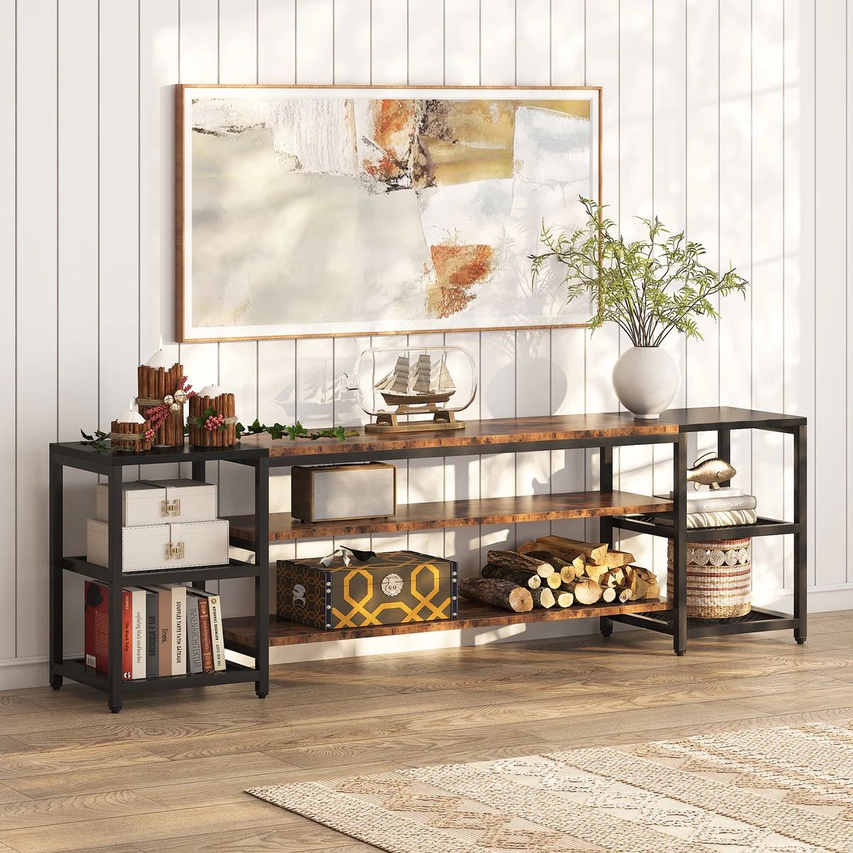 78.7” Industrial TV Stand – Fits TVs up to 85” | 3-Tier Media Console w/ Side Mesh Shelves (Rustic Brown/Black)