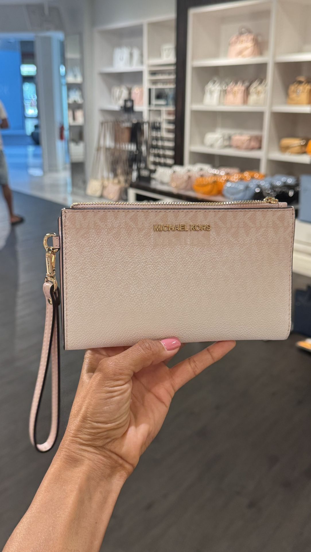 Michael Kors jet set double zip wristlet wallet smartphone case Powder Blush