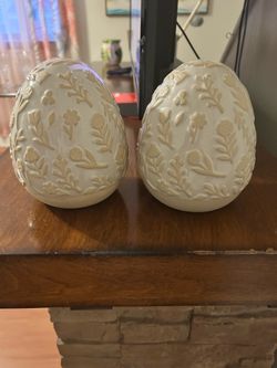 TWO Egg Décor pieces featuring raised bunny and floral designs