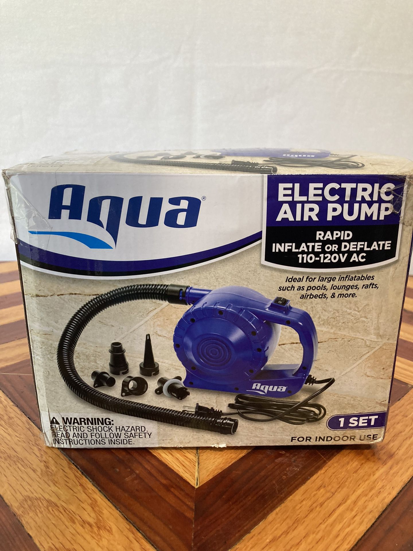 Aqua AC Air Pump Heavy Duty Rapid Inflate/Deflate With 5 Nozzle Attachments Blue