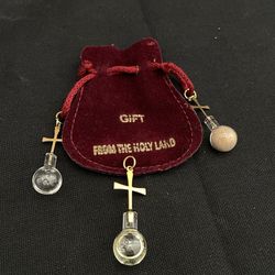 3 Christian Gold Plate Cross Holy Land  Bible Earth Sand /Olive Oil Pendant