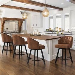 Counter Height Bar Stools Set of 4. 26" Swivel Faux Leather Upholstered Bar Stools. Dark Brown 