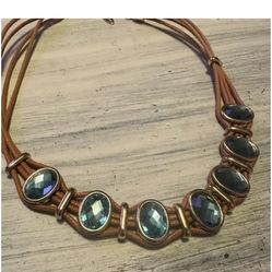 ST Thomas Leather Corded Necklace Blue Crystal Cabochons Gold Tone VTG Has Tag