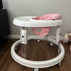Baby Walker with Wheels, One-Touch Folding Portable Baby Walkers with Height Adjustment, Large Dinner Plate and Brake, Walker for Baby Boy Girls 6-18 