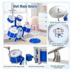 HONEY JOY Kids Drum Set, Toddler Jazz Drum Kit w/ 5 Drums, Stool, Pedal, 2 Sticks & Music Stand, Percussion Musical Instruments for Boys Girls Christm