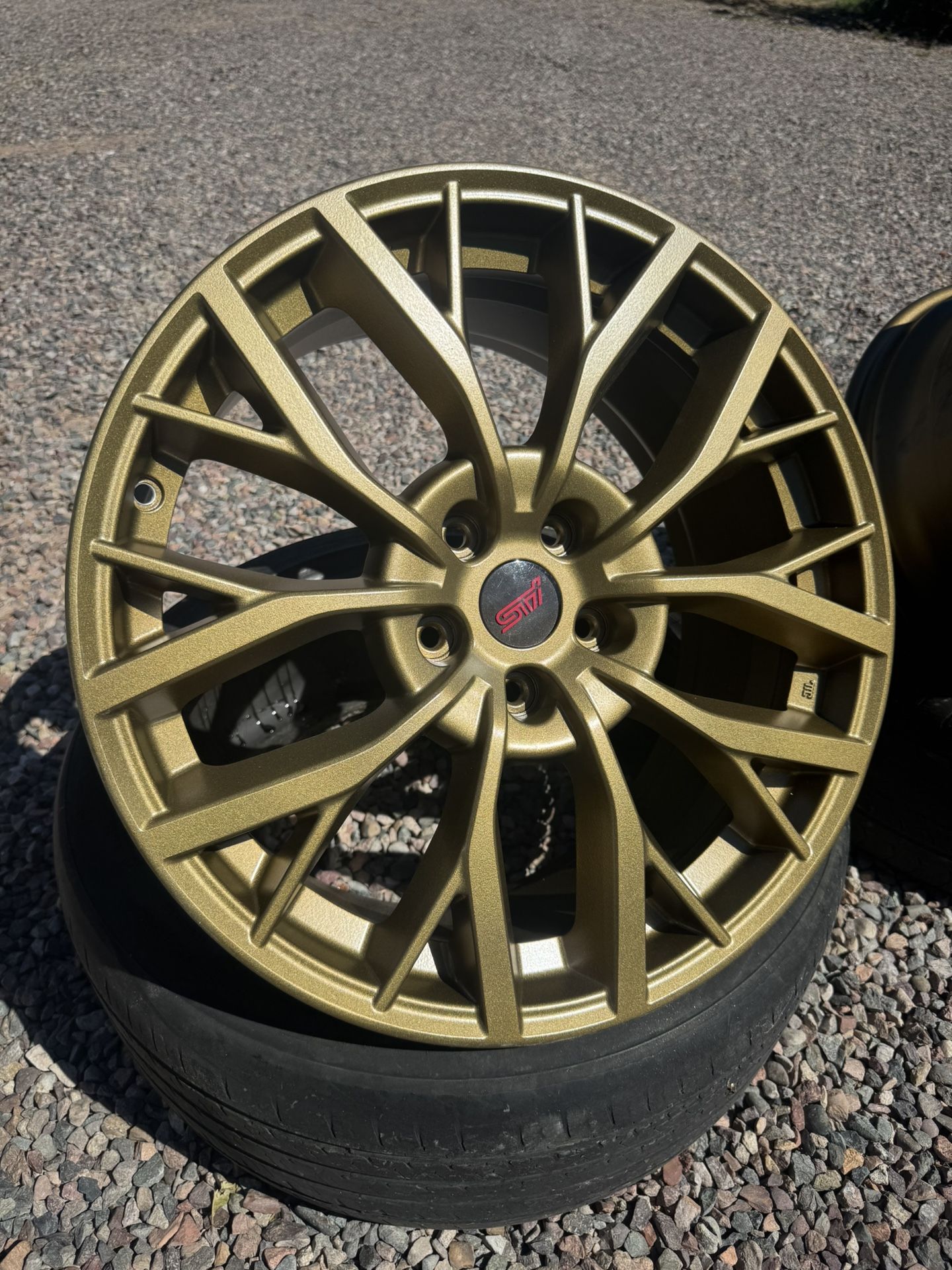 Beautiful Golden Bronze Made in Japan 19x8.5 Subaru STI wheels 55et 5x114.3