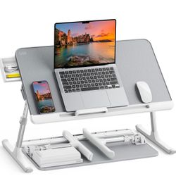 SAIJI Laptop Bed Tray Table, Adjustable PVC Leather Laptop Bed Table, Portable Standing Desk with Storage Drawer, Foldable Lap Tablet Table for Sofa C