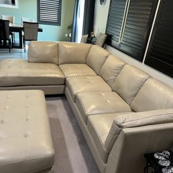 Cream Leather Sectional Couch 