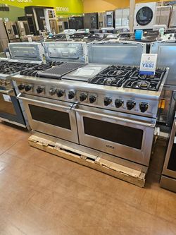 Viking 60 inch wide double oven stove dual fuel with grill and griddle