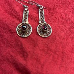 Silver With Red Sapphire Center Earrings