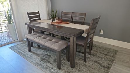 Dark Wood Dining Table Set with Bench