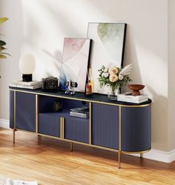 Modern Fluted Blue and Gold TV Stand