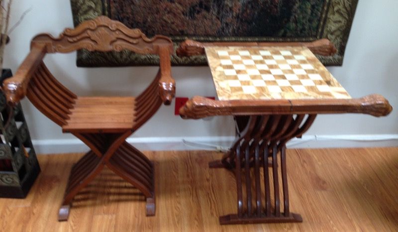Italian chess table and chair lions head