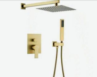 Brushed Gold Solid Brass 1-Spray Patterns 2.5 GPM 12 in.Wall Mount Dual Shower Heads,Pressure Balance Valve, Anti Hammer, Pressure Corrosion Resistant