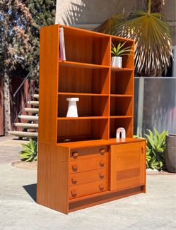 Vintage Danish Modern Domino Wall Unit - MCM Bookcase w/ Sliding Door