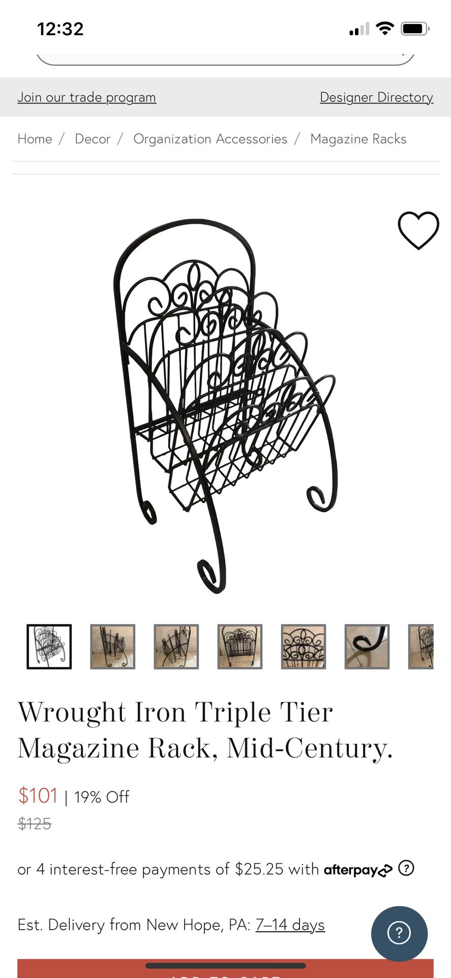 Wrought Iron Triple Tier Magazine Rack, Mid-Century.