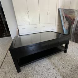 Modern Black Wooden Table with Storage Drawers and Lower Shelf