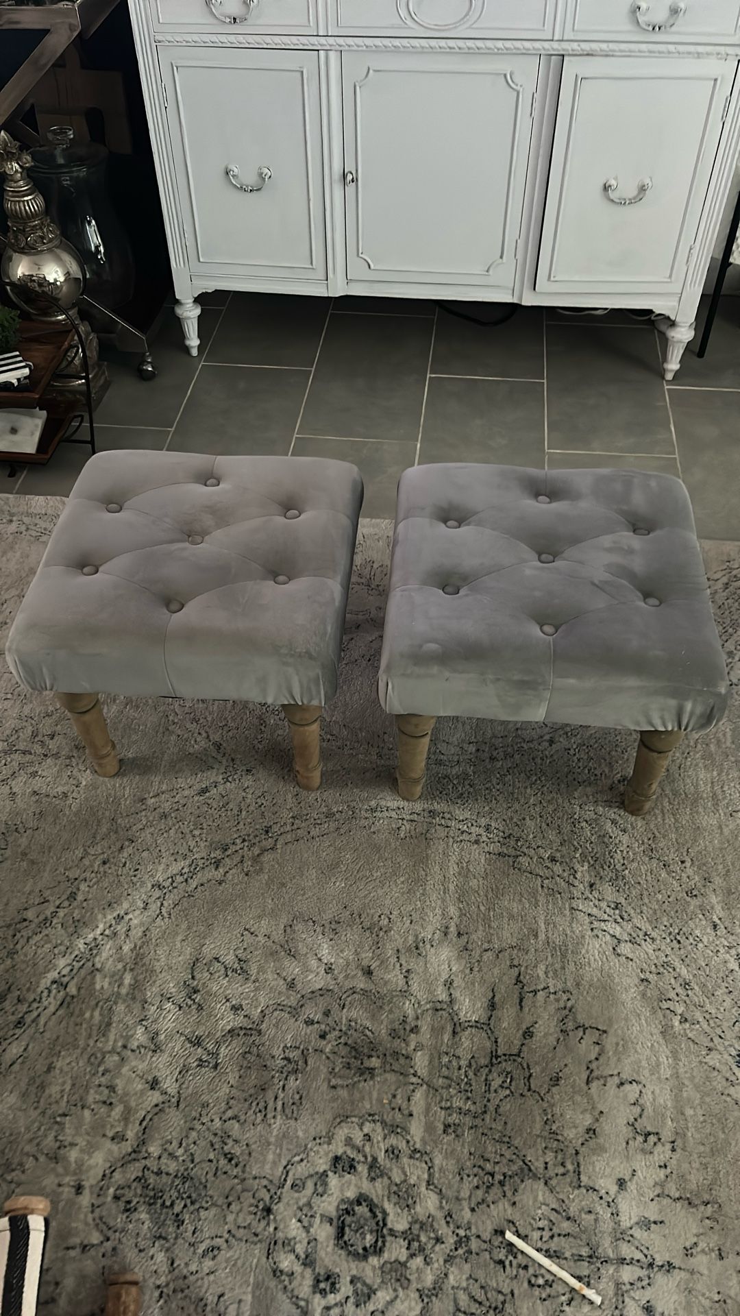Two 18” Grey Velvet Square Stools