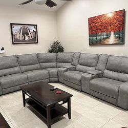 Gray Sectional Sofa With Power Recliners And Console
