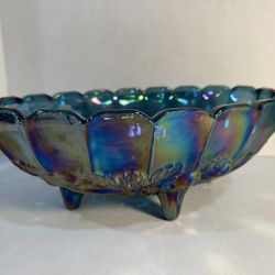 Vintage  Indiana Glass Blue Iridescent Carnival Glass Footed Oval Bowl