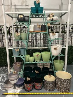 Indoor & outdoor pots, plant stand, glass & metal book shelf