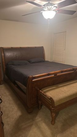 Wood Sleigh Bed Frame with Leather Headboard Bedroom Set