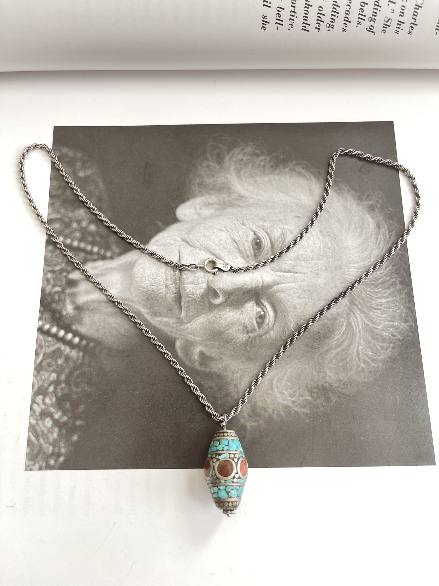 SU 925 Italy Sterling Silver With Coral & Turquoise Mosaic Petal Rice Necklace