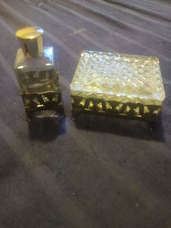 Vintage trinket box and perfume bottl