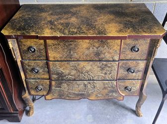 Gold Chinoiserie Chest — Carved Asian Landscape, 3 Drawers