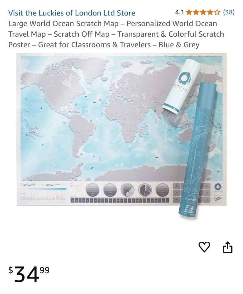 Luckies of London Ltd Store  Large World Ocean Scratch Map – Personalized World Ocean Travel Map – Scratch Off Map – Transparent & Colorful 