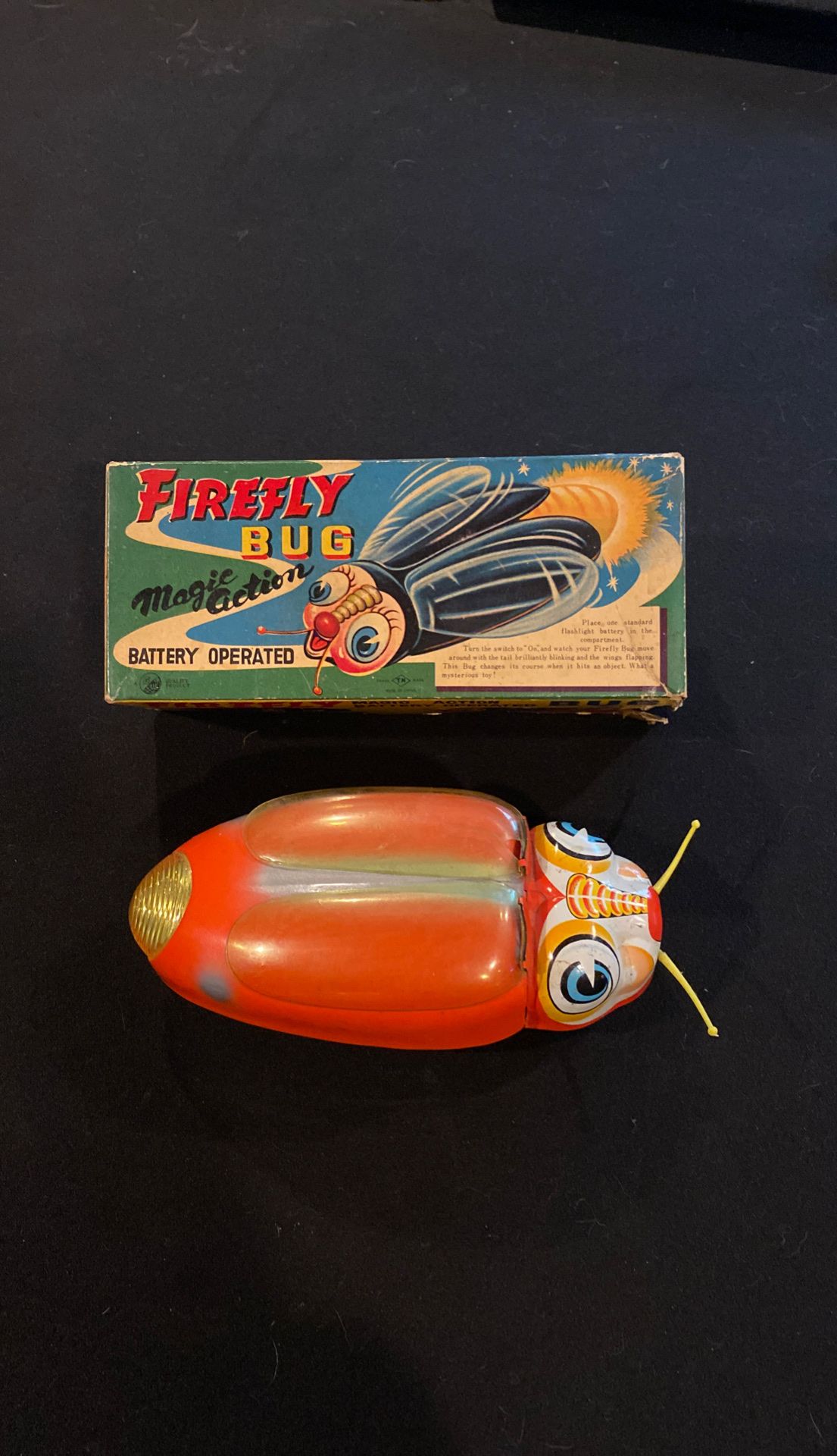 Vintage tin litho battery operated firefly toy