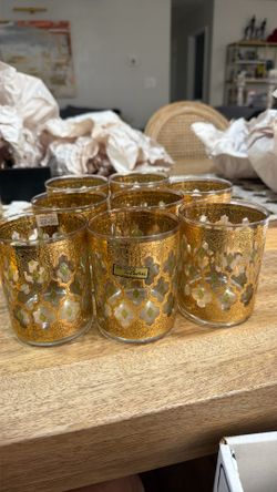 Culver 22k Gold Decorated Glass Tumblers short Set of 8 Green Geometric MCM
